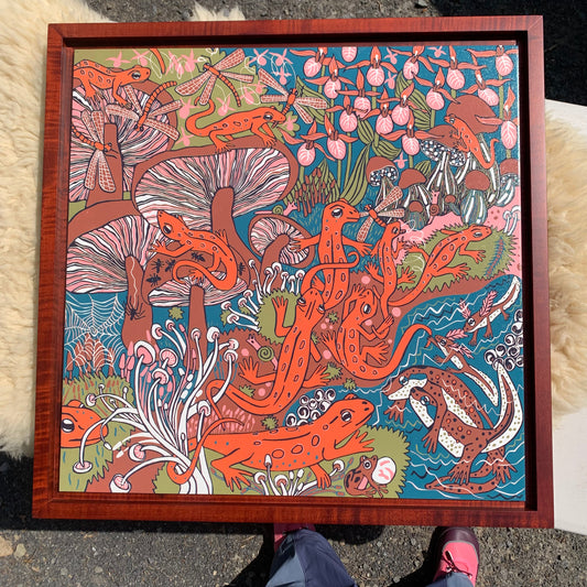 Red eft and mushroom and orchid framed woodcut