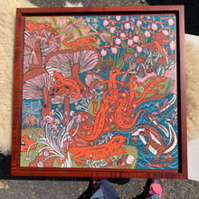 Load image into Gallery viewer, Pre-order Red eft and mushroom and orchid framed woodcut

