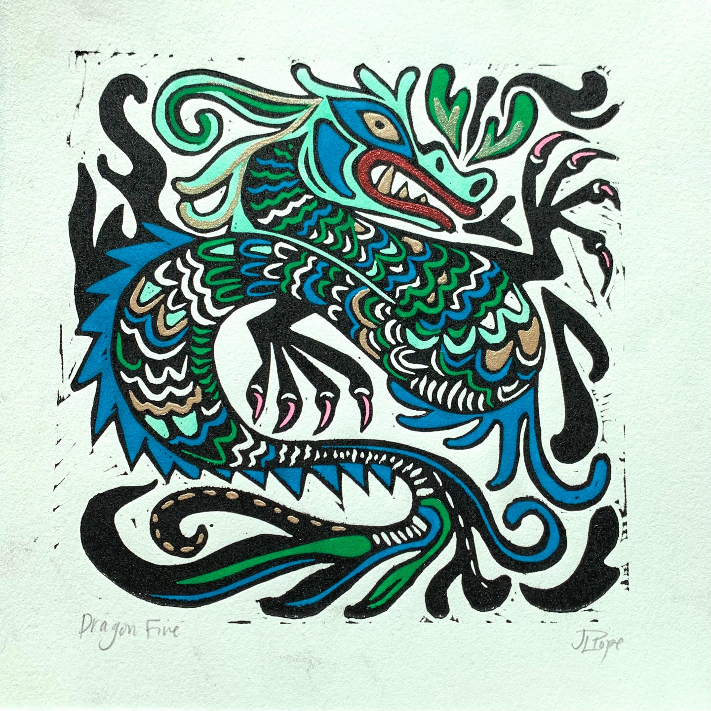 Blue Dragon Linocut