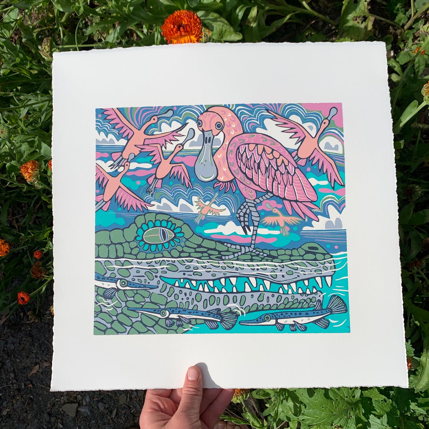 Gator and Spoonbills original woodcut
