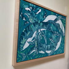 Load image into Gallery viewer, BLUE FRAME SOLD OUT Humpback whale and woodcut framed in blue or natural
