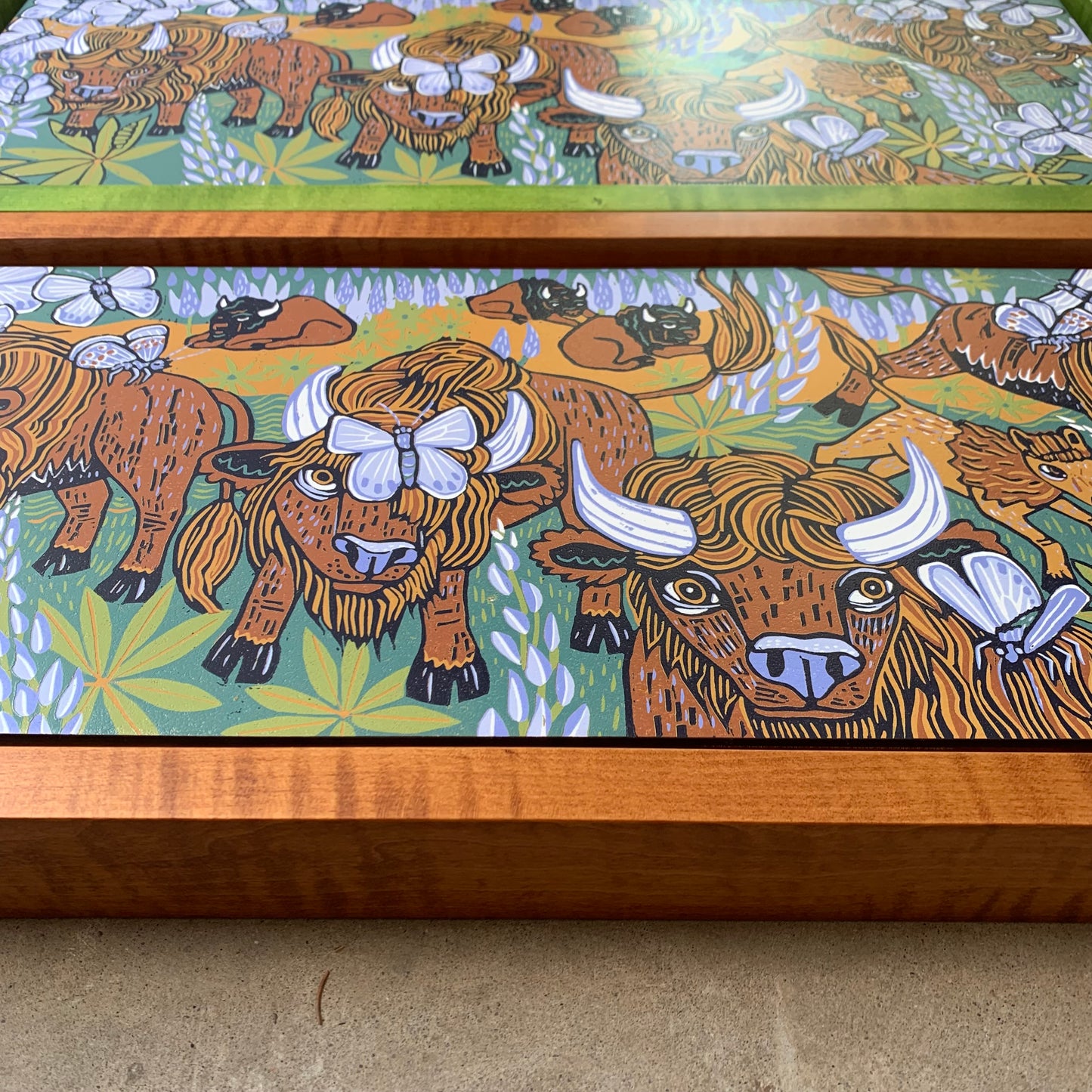 Pre-order Bison and butterflies woodcut framed in natural curly maple