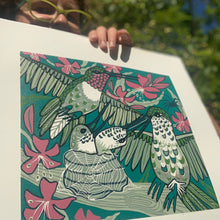 Load image into Gallery viewer, Hummingbird and spiderweb original woodcut
