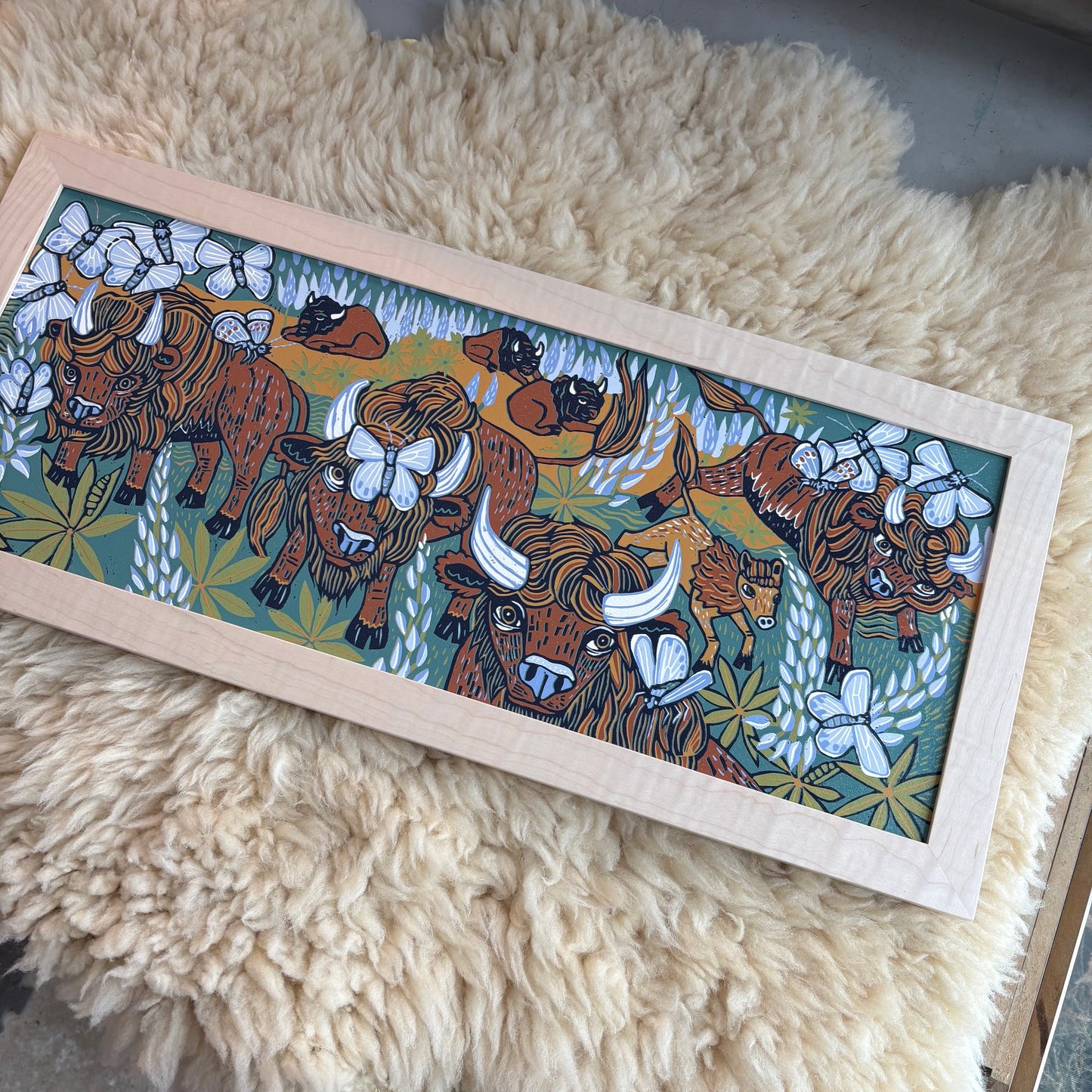 Pre-order Bison and butterflies woodcut framed in natural curly maple