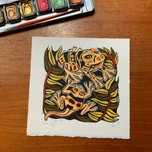Load image into Gallery viewer, Handpainted yellow shiny frog linocut
