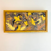 Load image into Gallery viewer, Goldfinch woodcut framed in yellow
