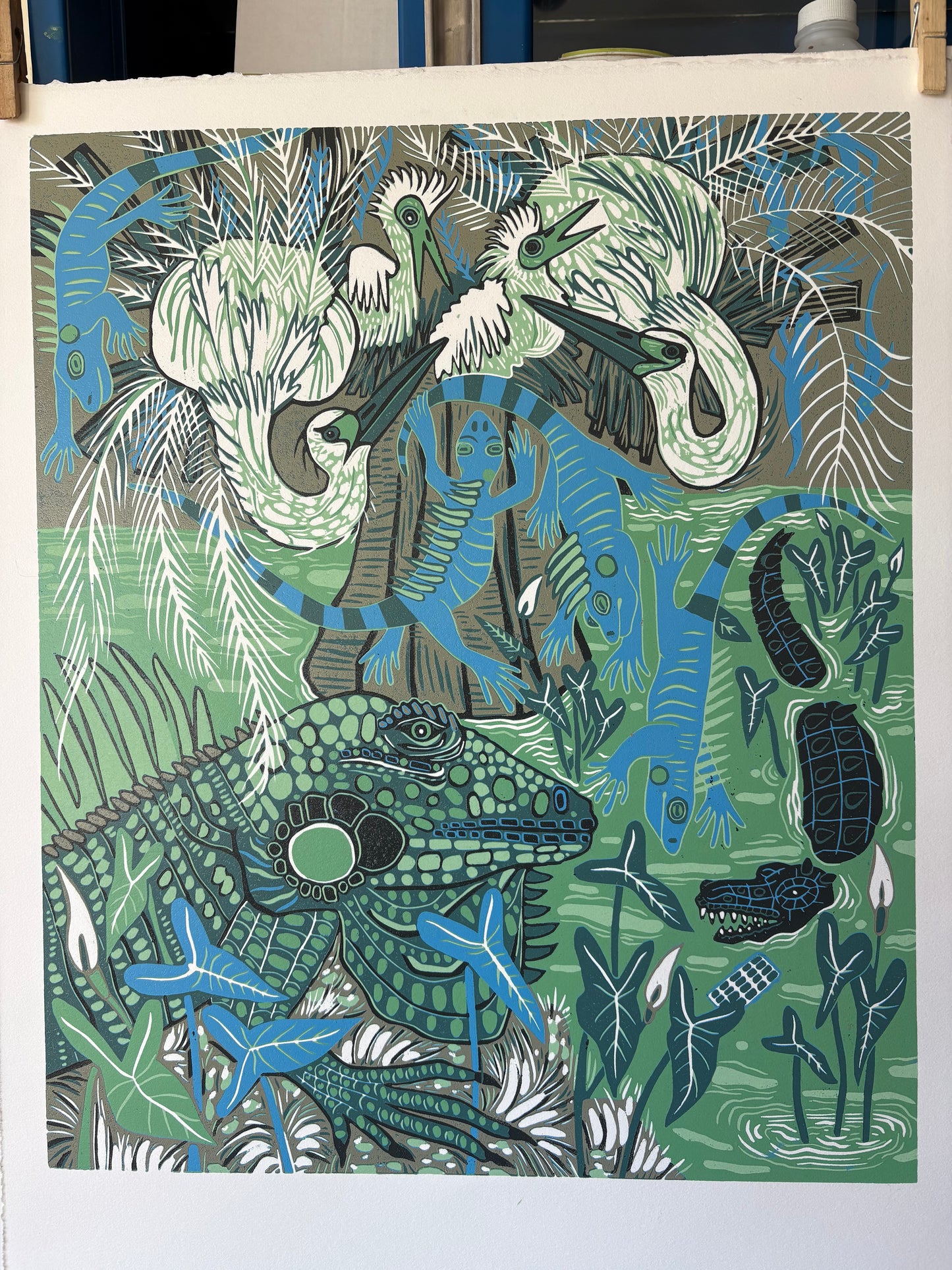 Frozen iguana original Woodcut