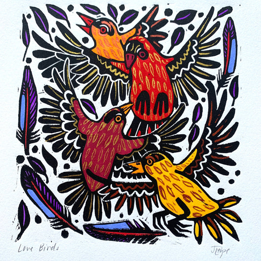 Colorful finch linocut