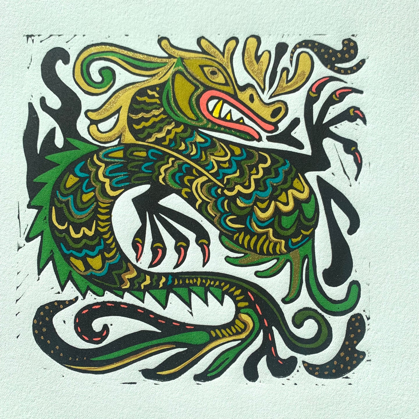 Green Dragon Linocut 2