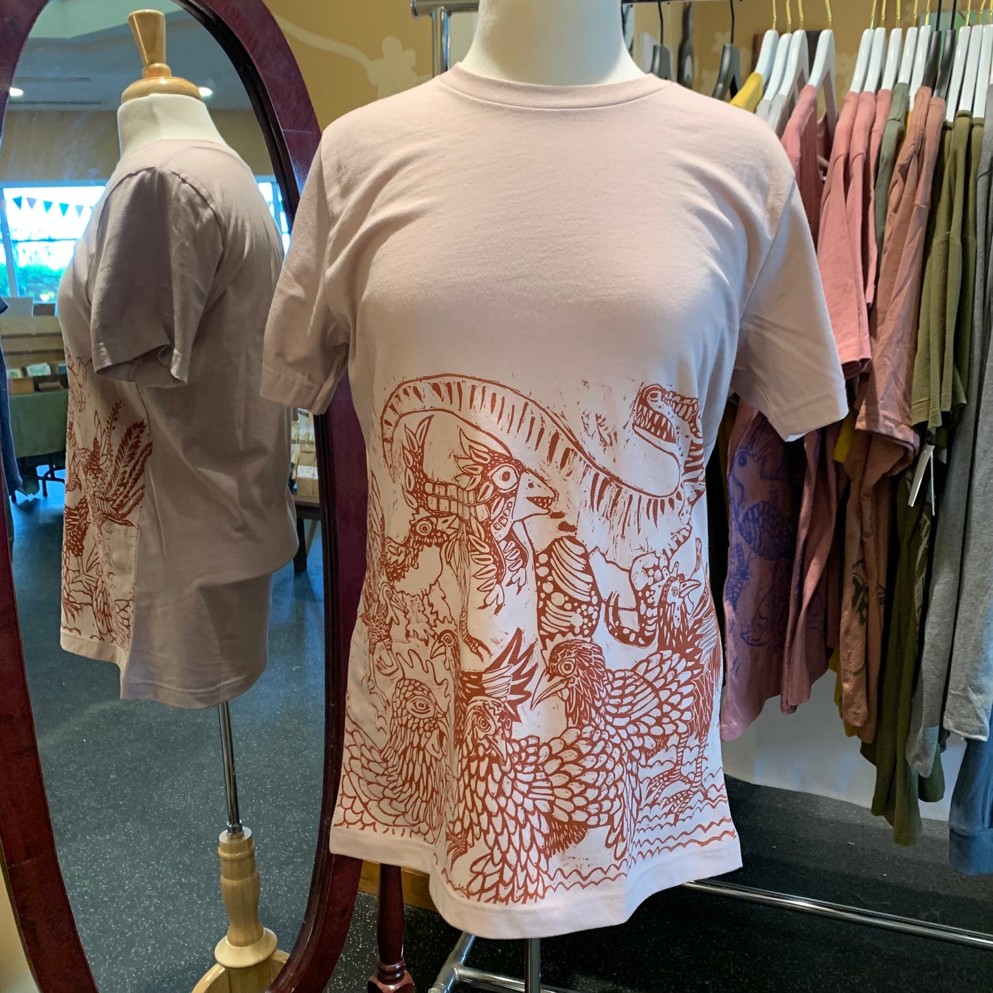 Pink-esque handprinted dino chicken shirt, October Pre-order