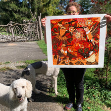 Load image into Gallery viewer, Large Hummingbird and spiderweb original woodcut
