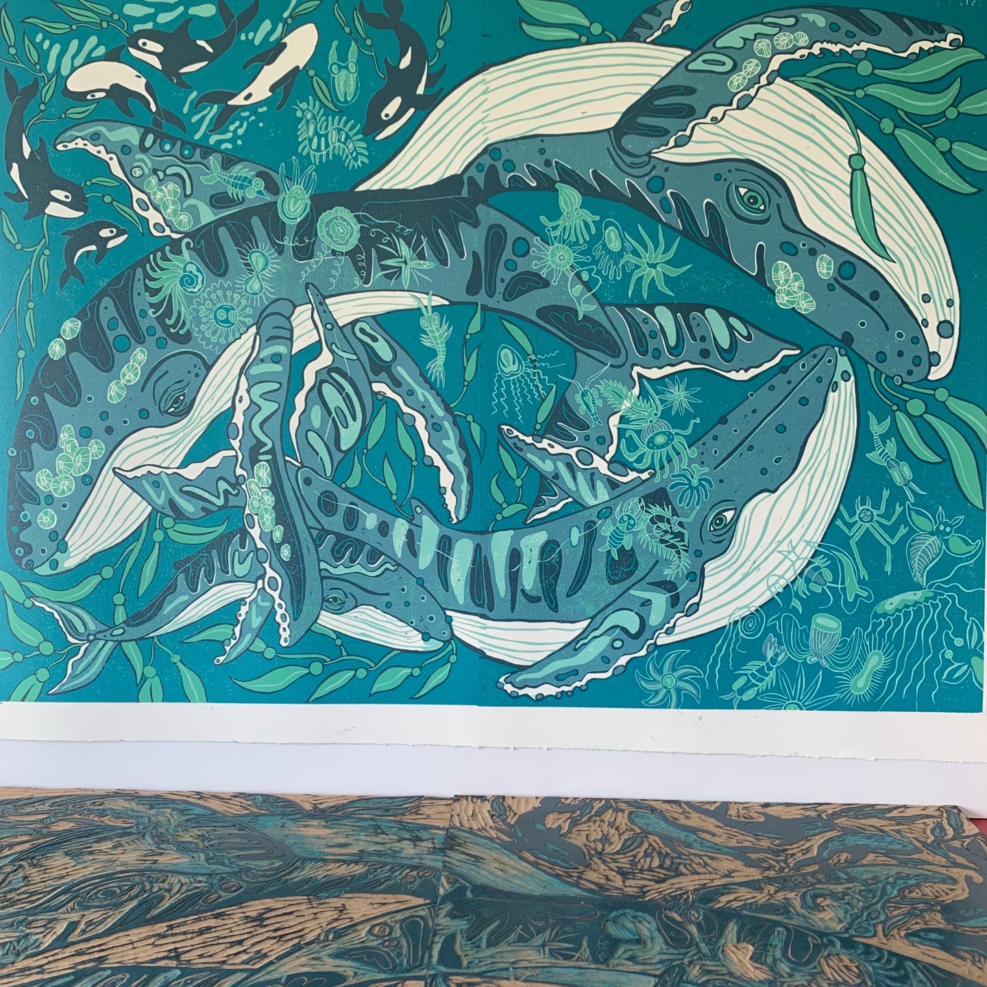 Large humpback whale and plankton Woodcut