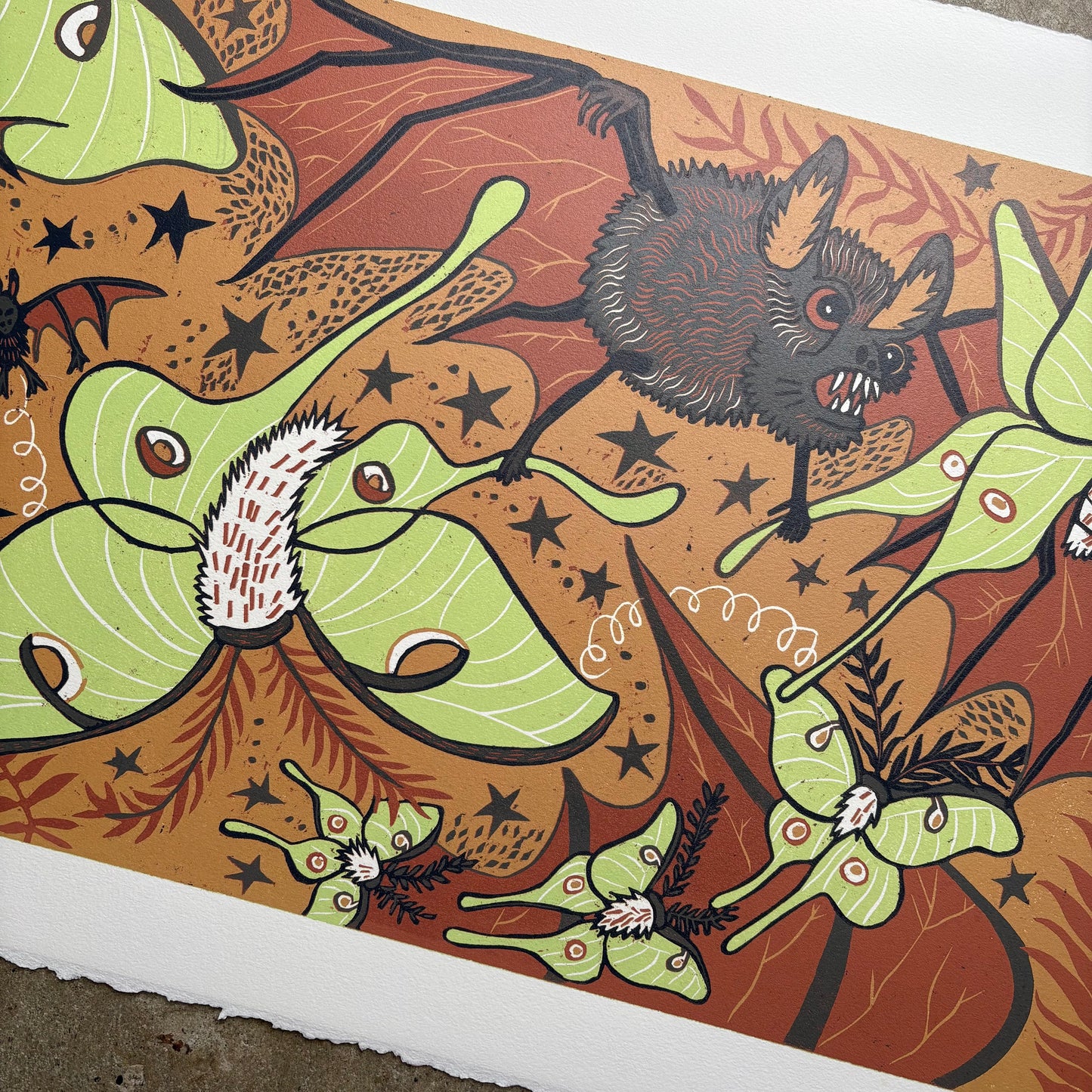 Luna Moth and Bat Woodcut