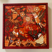 Load image into Gallery viewer, Pre-order Hummingbird and spiderweb woodcut framed in nutmeg
