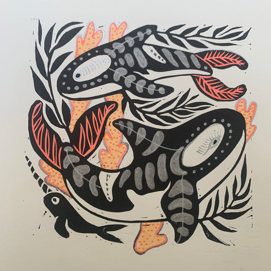 Silvery Kelp and orca linocut