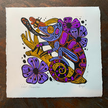 Load image into Gallery viewer, Purple Handpainted chameleon linocut
