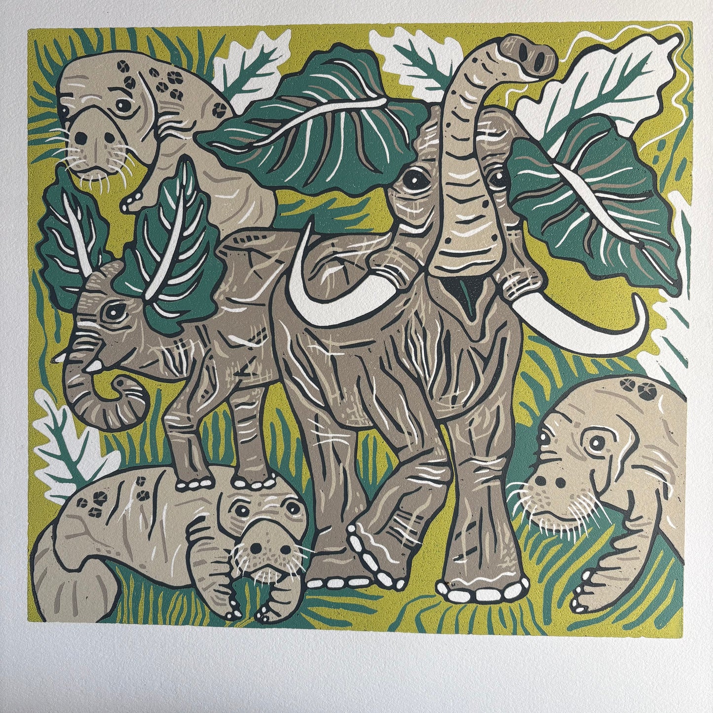 Elephant and manatee original woodcut