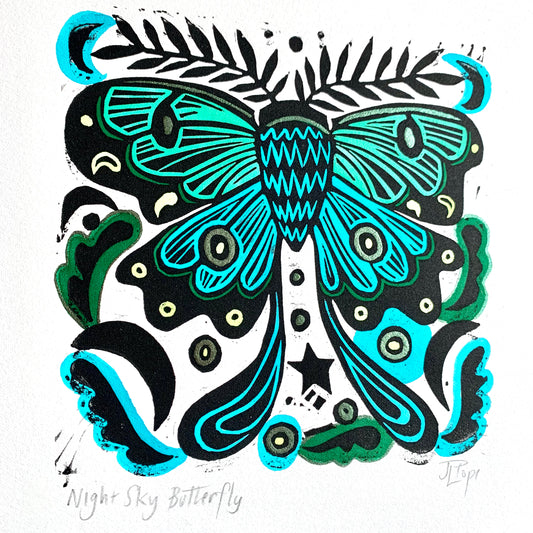 Handpainted blue moth linocut