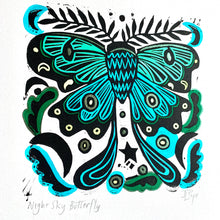 Load image into Gallery viewer, Handpainted blue moth linocut
