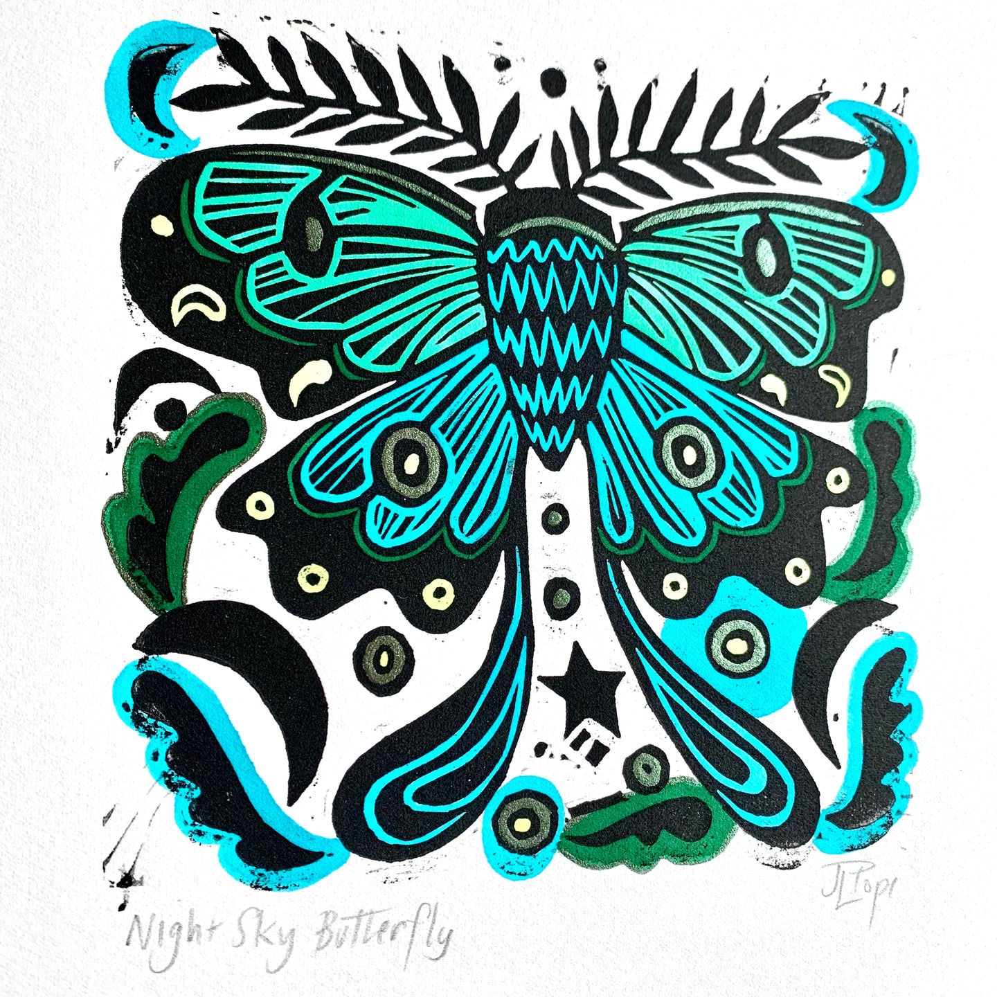 Handpainted blue moth linocut