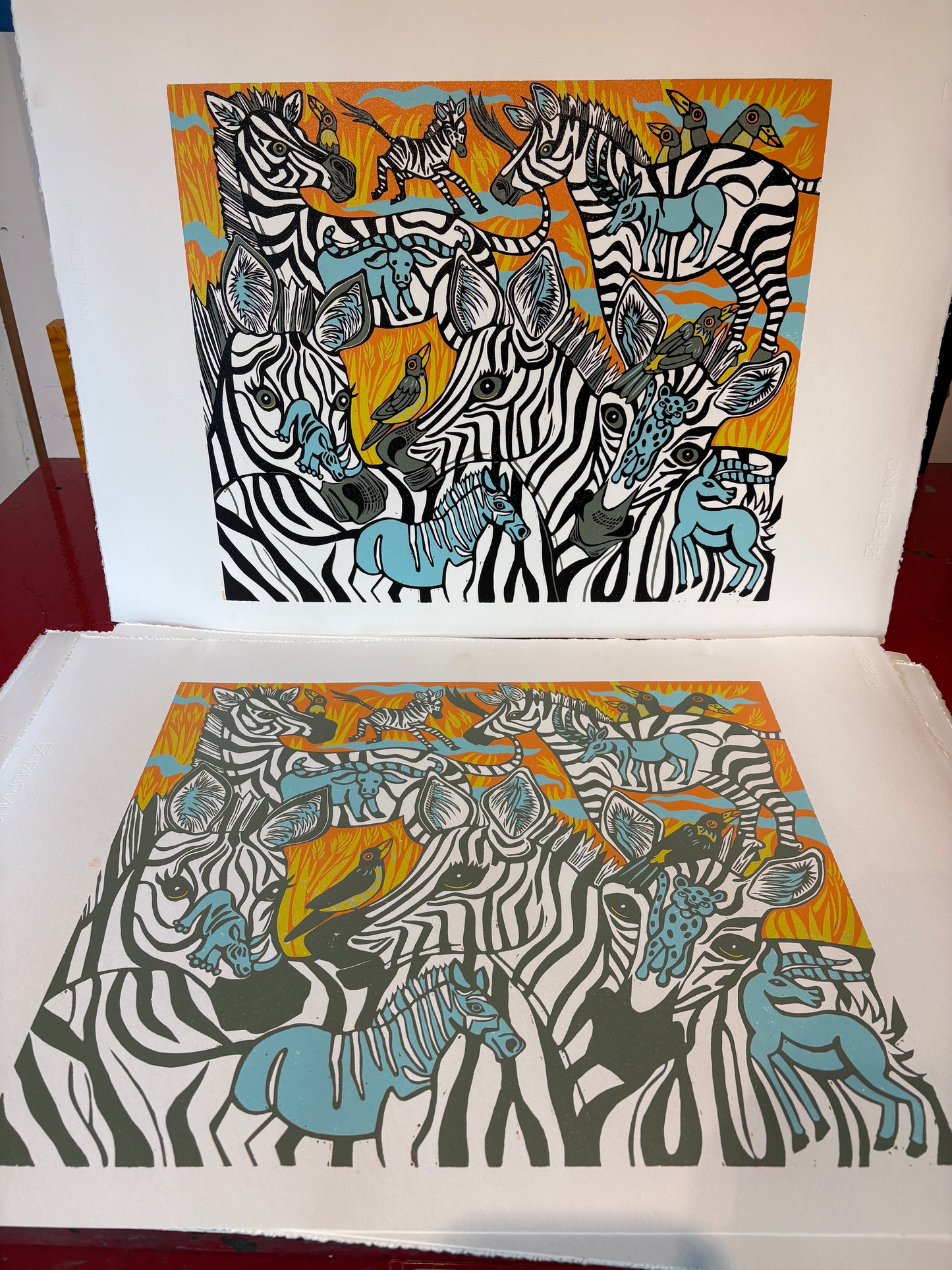 Zebra and extinct megafauna original Woodcut