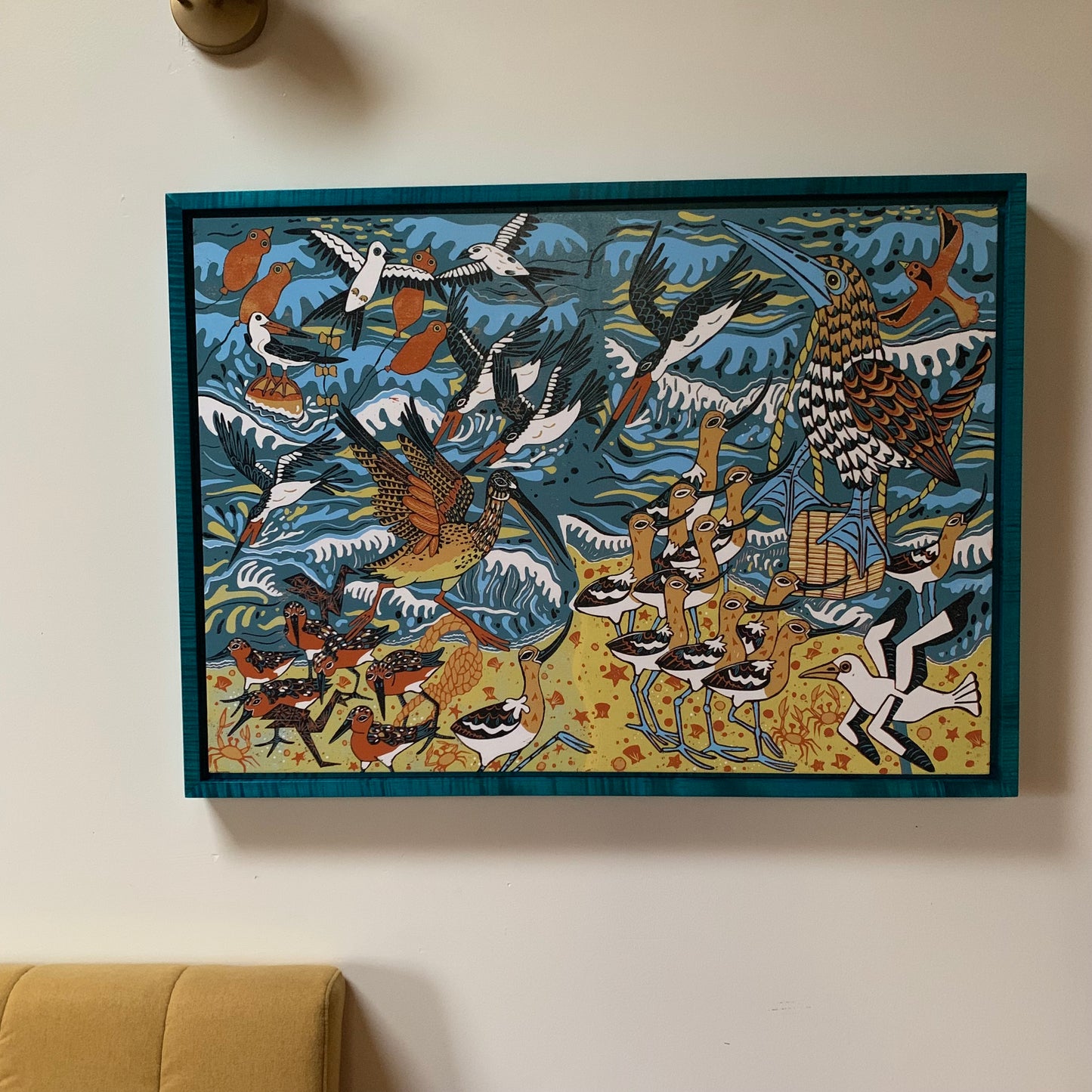 LAST ONE framed Large bird and beach biomimcry woodcut
