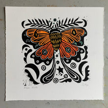 Load image into Gallery viewer, Handpainted orange moth linocut
