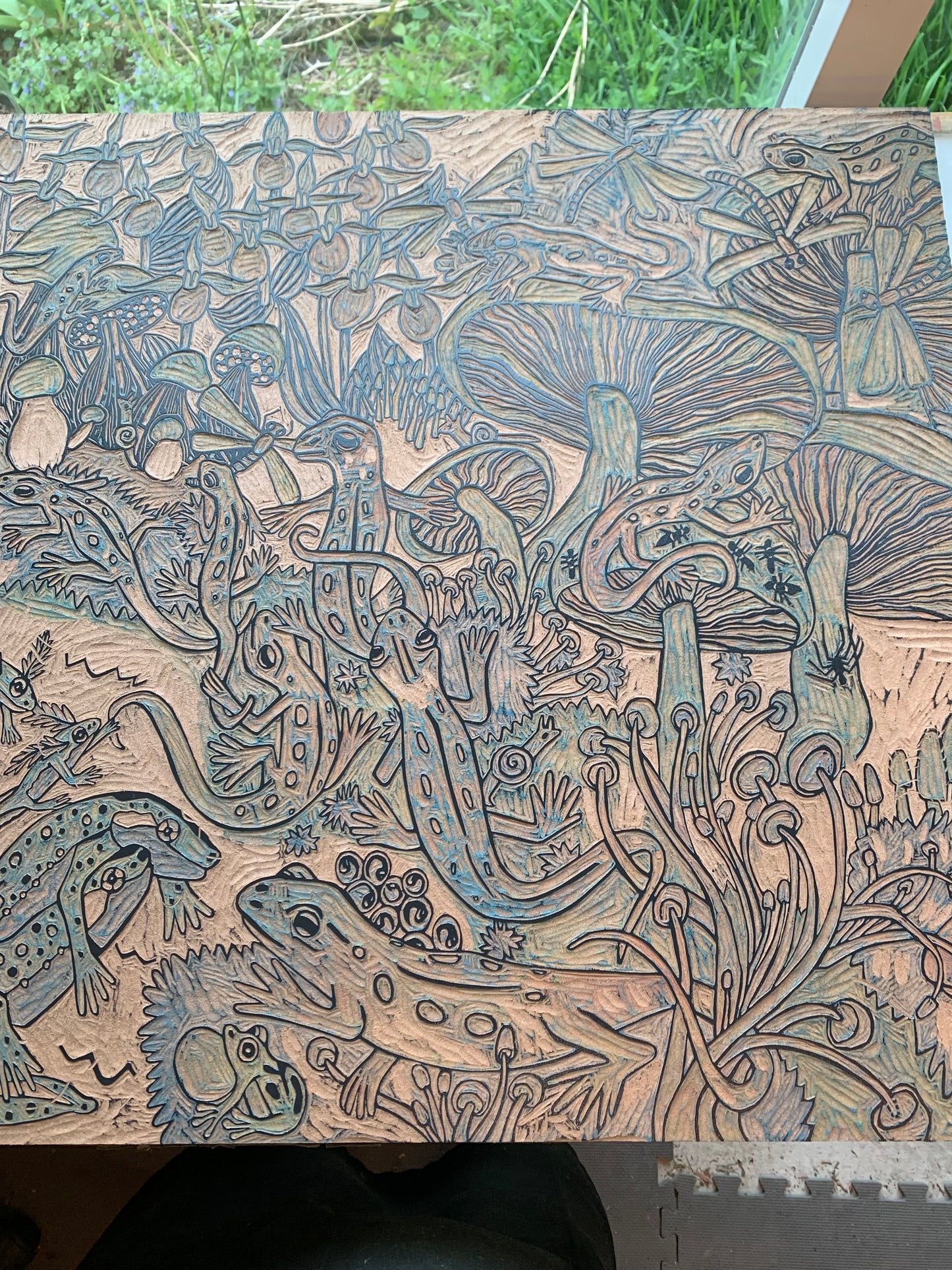 Large red eft and mushroom original woodcut