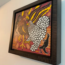 Load image into Gallery viewer, Chicken woodcut framed in black solid tiger maple wood
