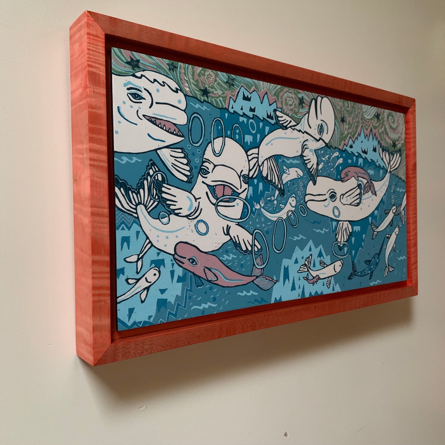 Pre-order Beluga Woodcut Framed in pink curly maple