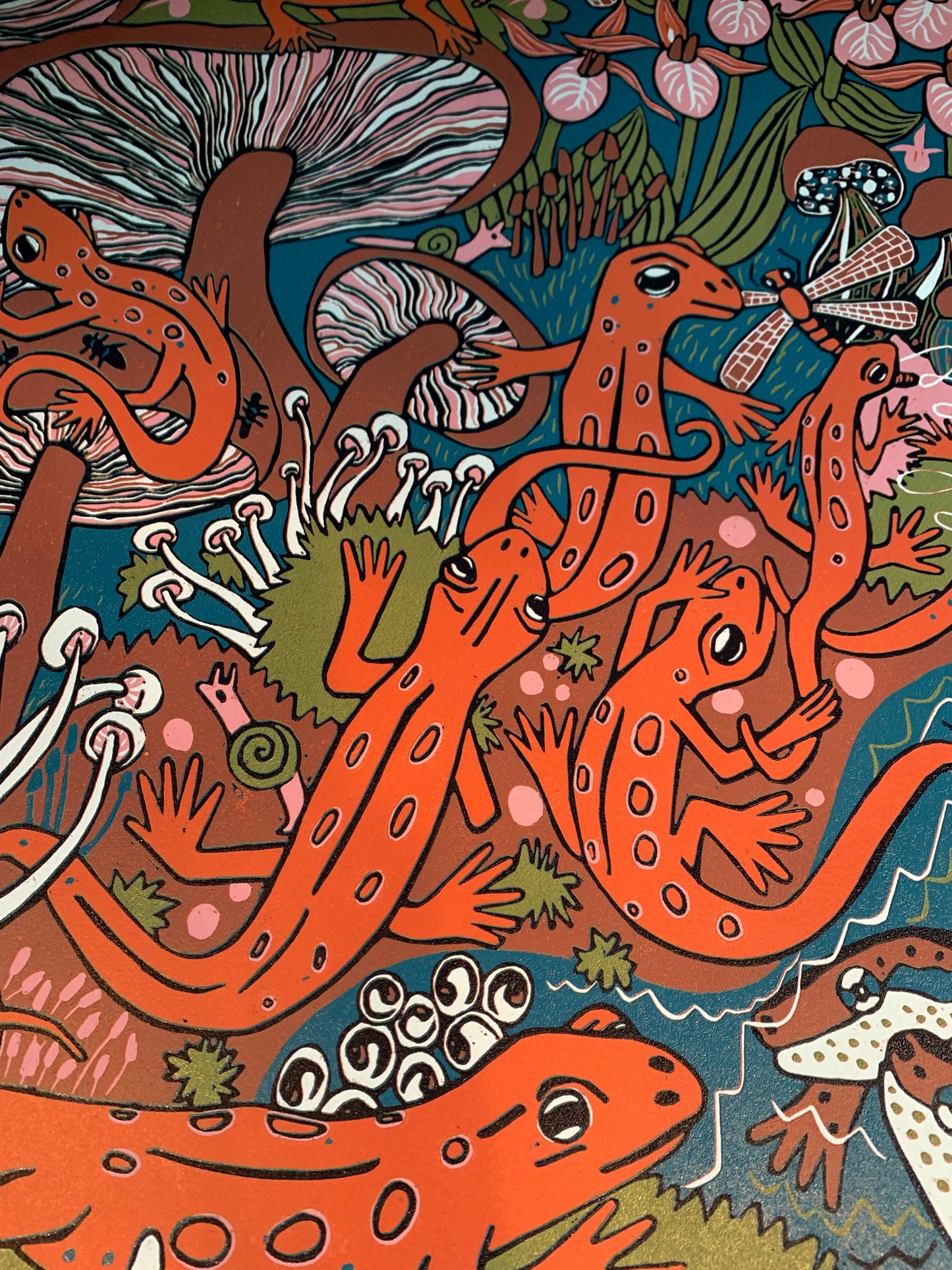 Large red eft and mushroom original woodcut