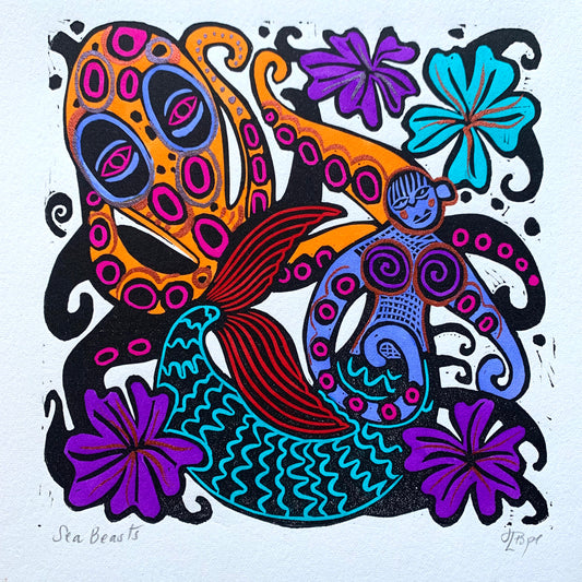Fun Octopus and octoperson Linocut
