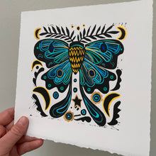 Load image into Gallery viewer, Blue moth linocut
