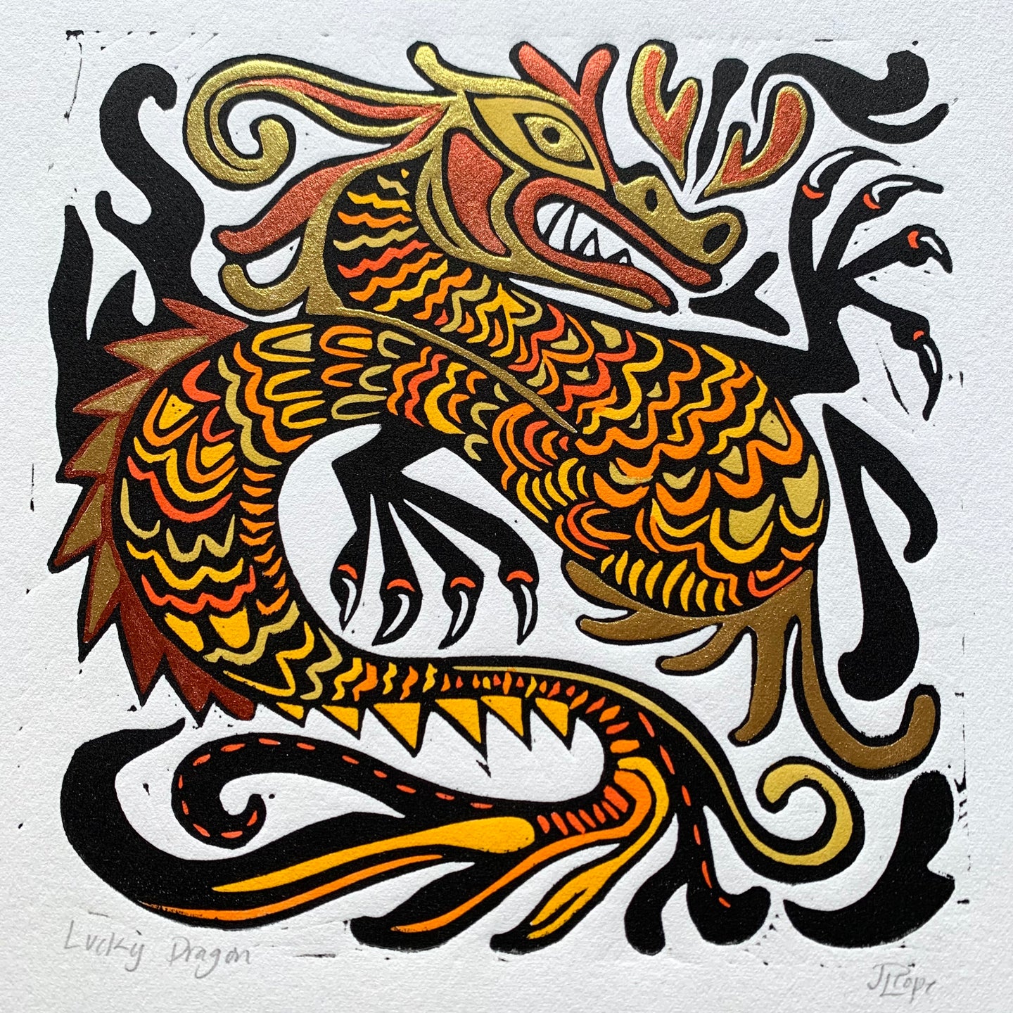 Orange Dragon Linocut