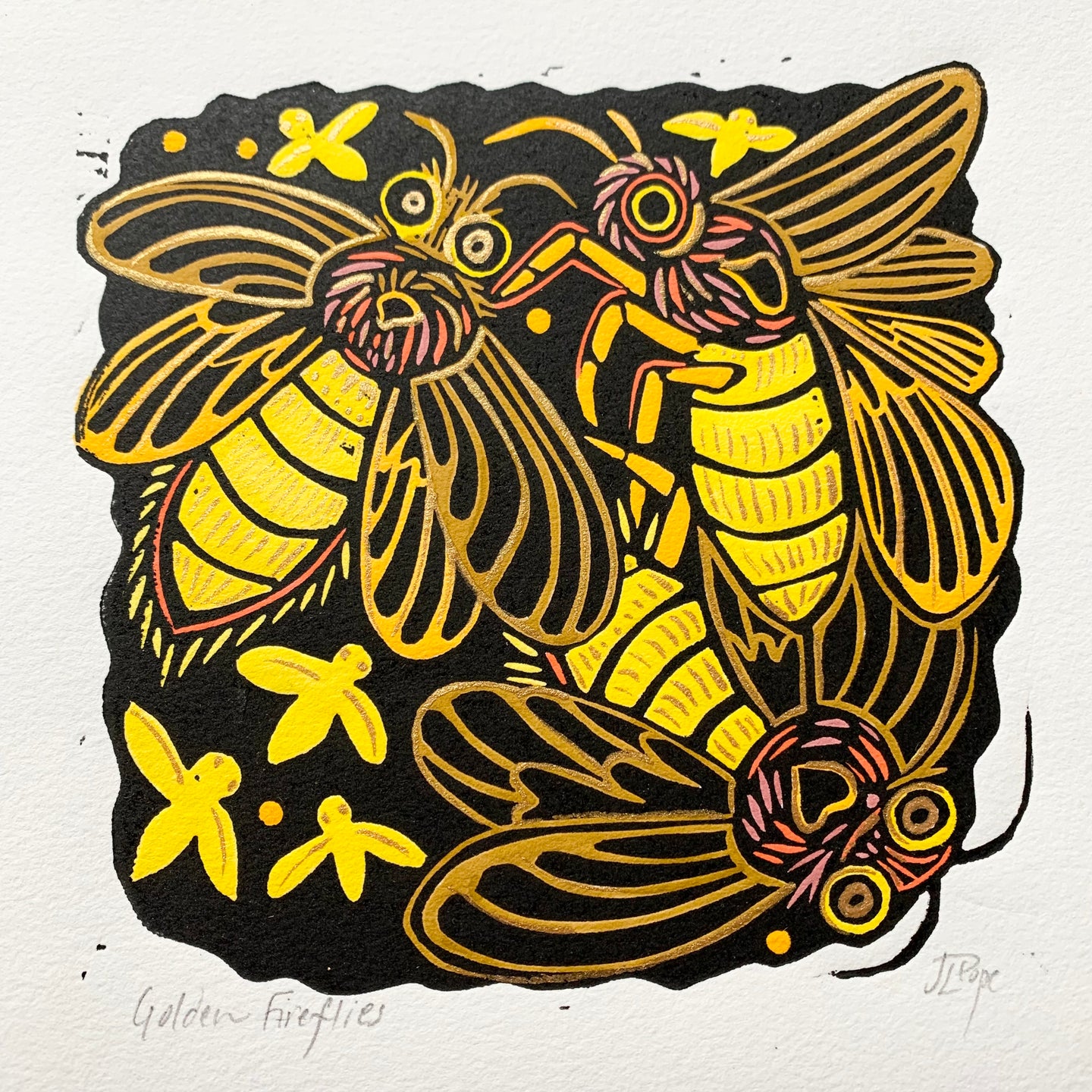 Yellow Lightning bug linocut