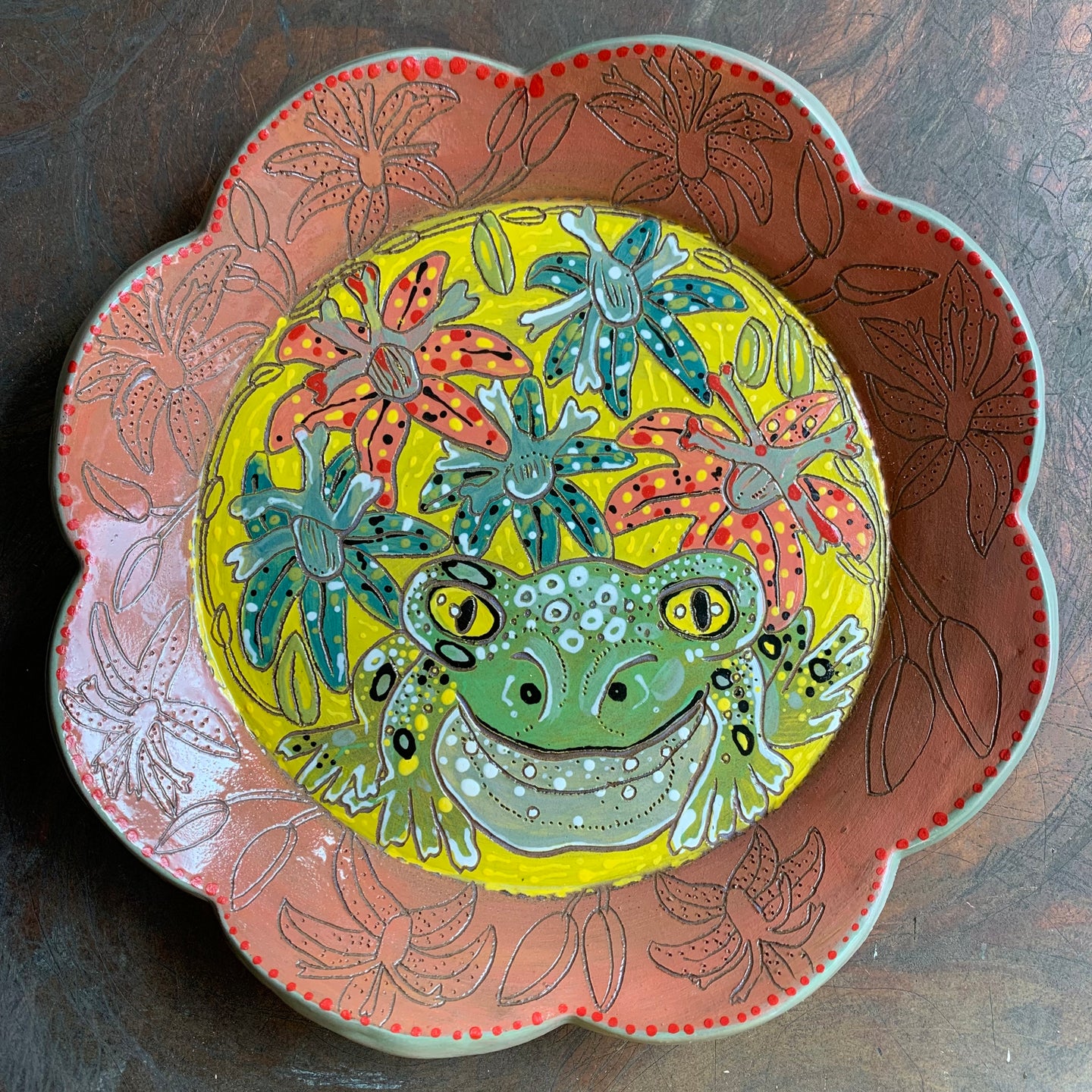 Toad and toad lily plate ish bowl ish