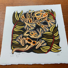 Load image into Gallery viewer, Handpainted yellow shiny frog linocut
