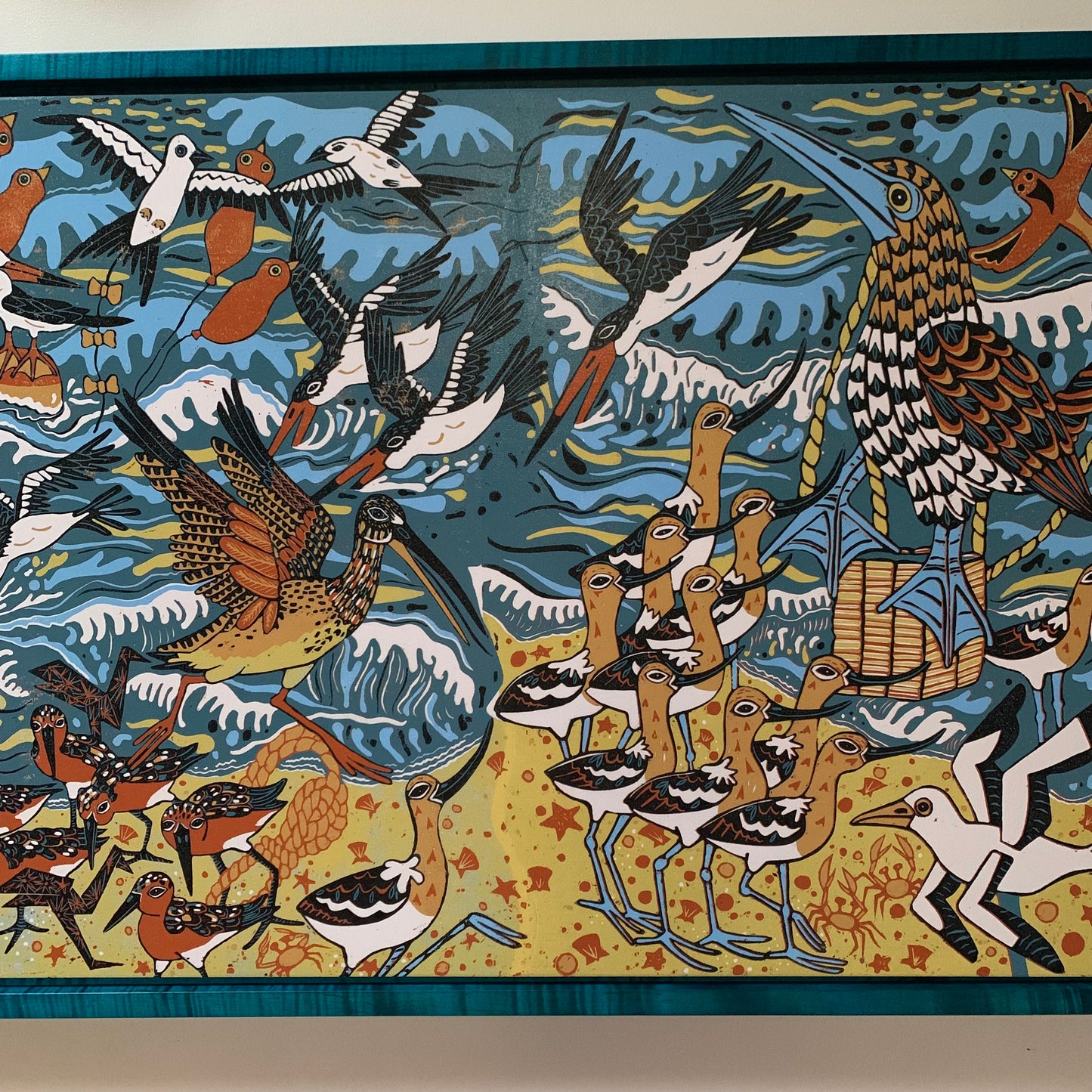 LAST ONE framed Large bird and beach biomimcry woodcut