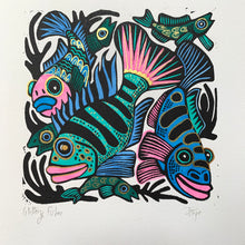 Load image into Gallery viewer, Cichlid inspired Linocut blue tones
