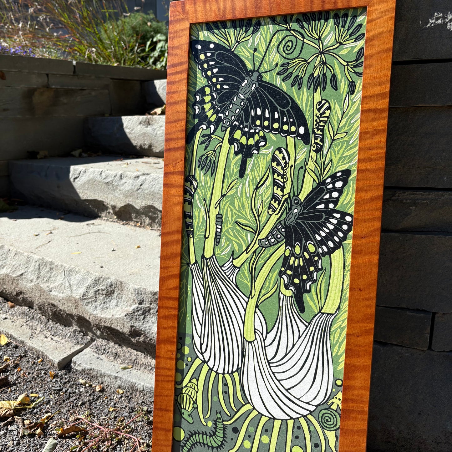 Fennel Forest woodcut framed in nutmeg