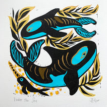Load image into Gallery viewer, Kelp and orca linocut
