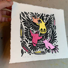Load image into Gallery viewer, Handpainted colorful goldfinch linocut
