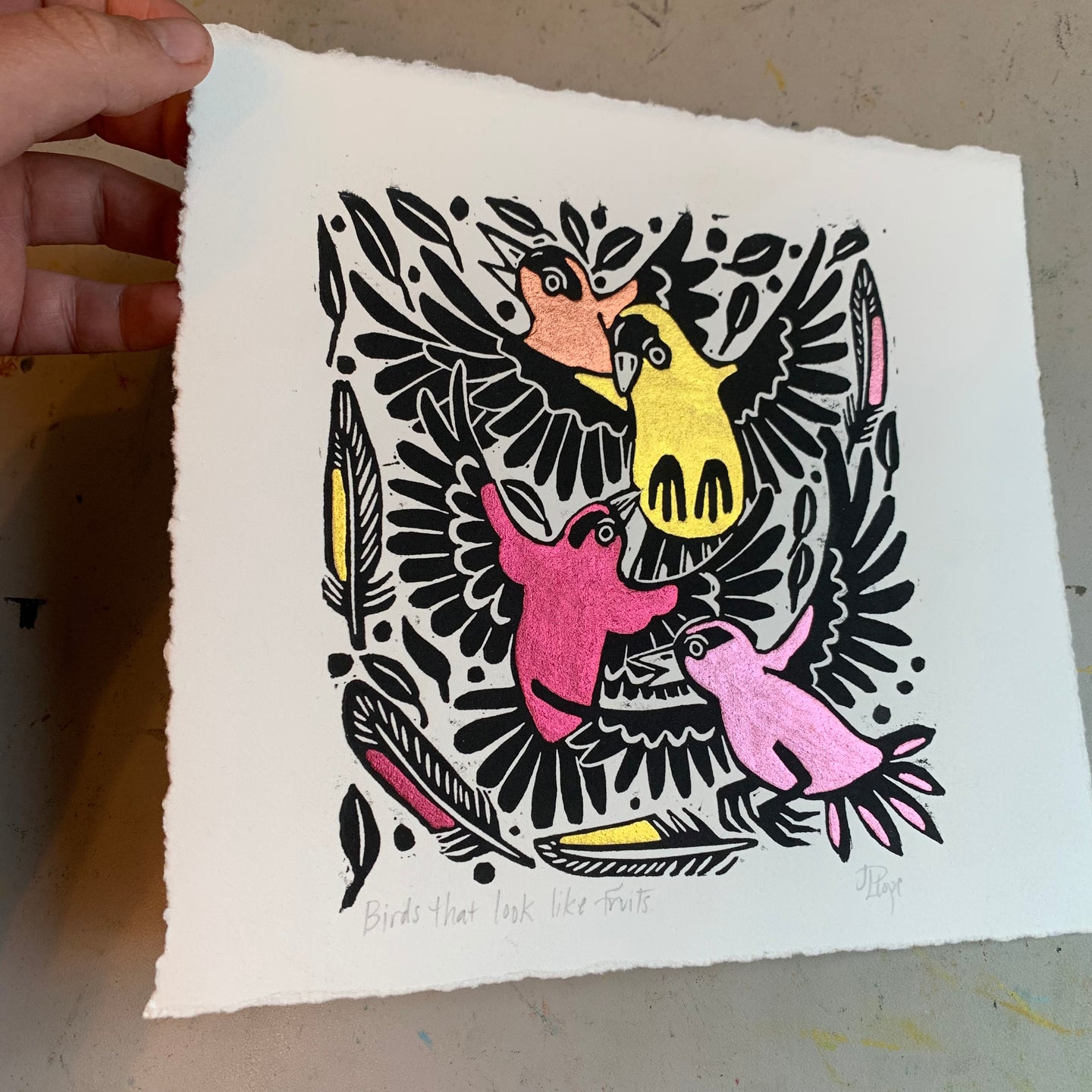 Handpainted colorful goldfinch linocut