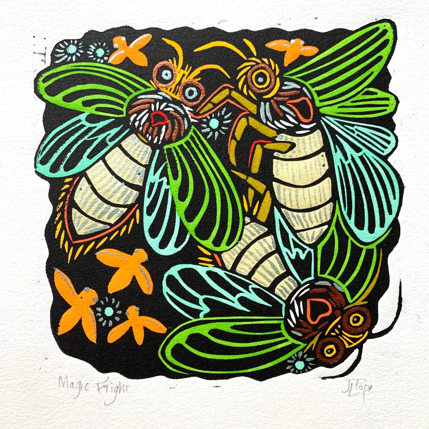 Colorful Lightning bug linocut