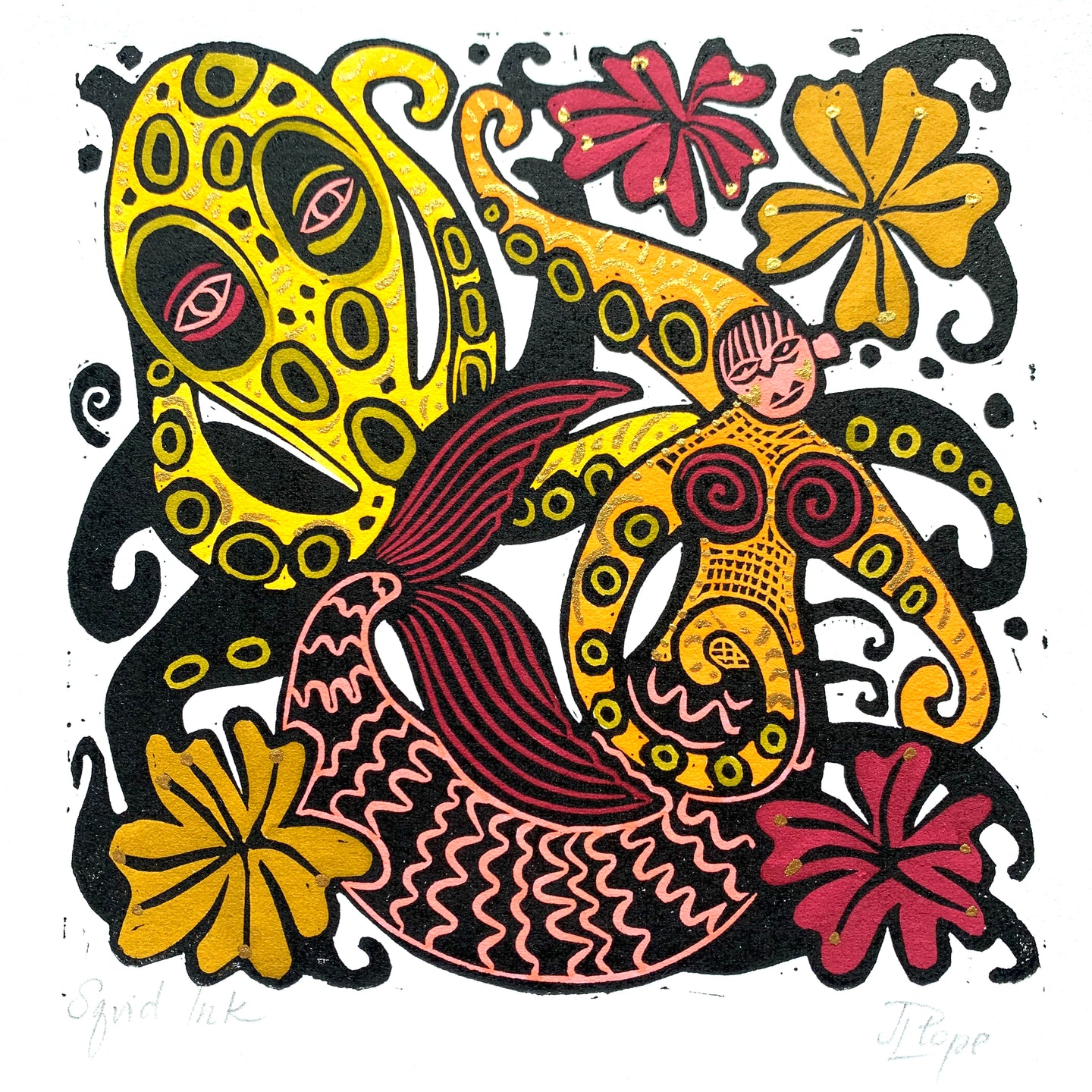 Autumnal Octopus and octoperson Linocut