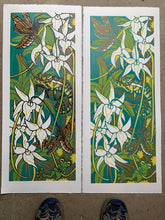 Load image into Gallery viewer, Madagascar orchid and hawkmoth original woodcut
