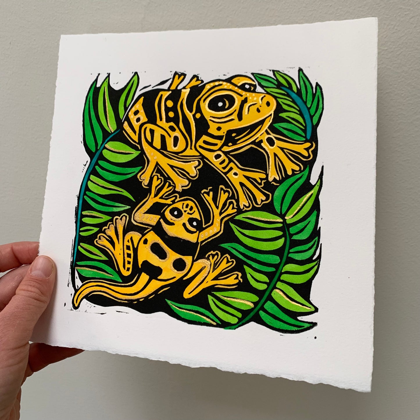 Yellow dart frog linocut