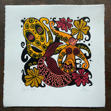 Load image into Gallery viewer, Autumnal Octopus and octoperson Linocut
