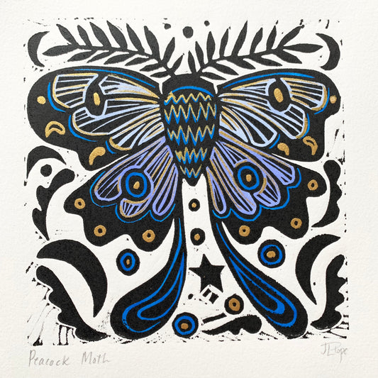 Handpainted blue moth linocut
