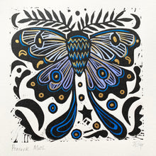 Load image into Gallery viewer, Handpainted blue moth linocut
